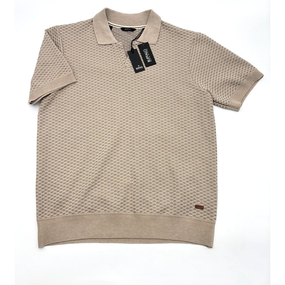 Buffalo David Bitton Polo Shirt Mens Large Beige Williams Jacquard Short Sleeve
